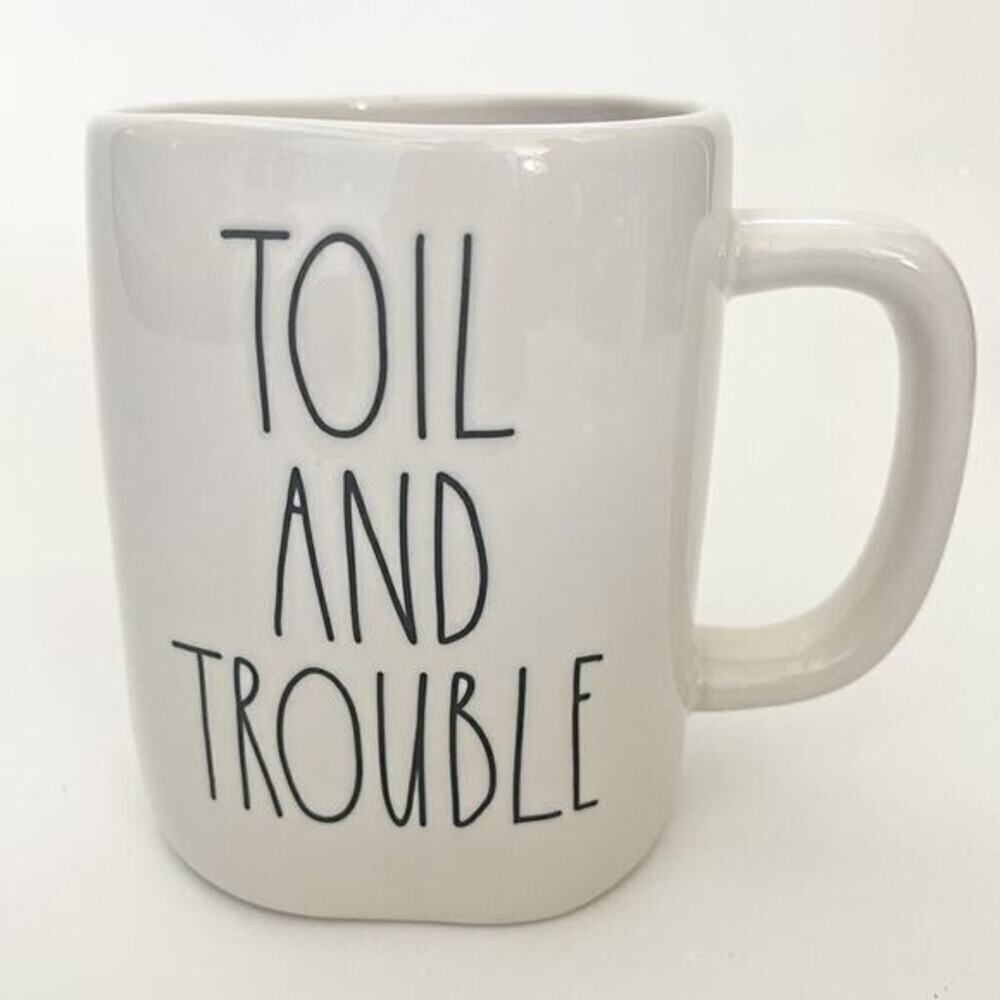 Rae Dunn TOIL AND TROUBLE Coffee Mug Artisan‎ White Mug Halloween Cauldron